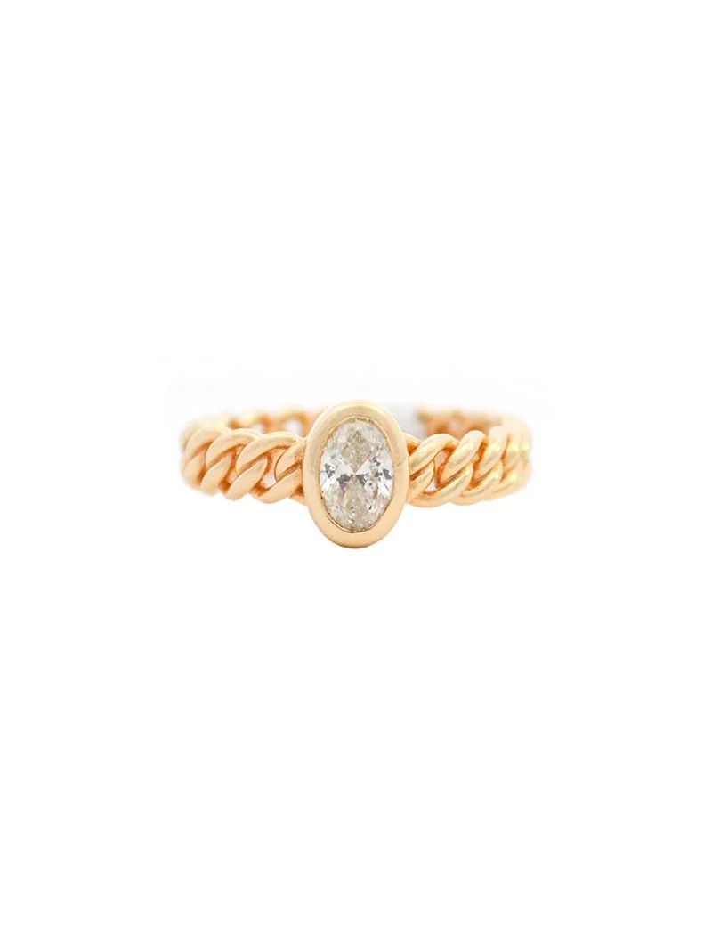 0.56ct Diamond 14K Gold Oval Cuban Chain Ring