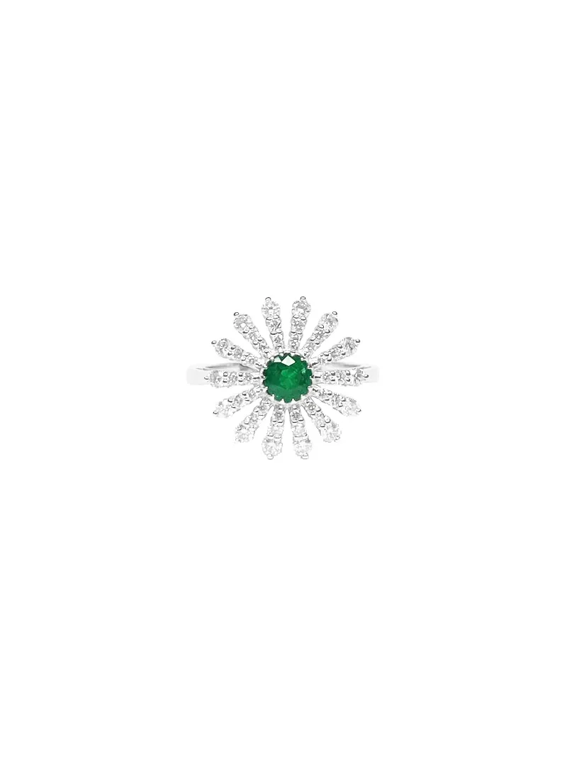 1.24ct Diamond Emerald 18K Gold Sunburst Ring