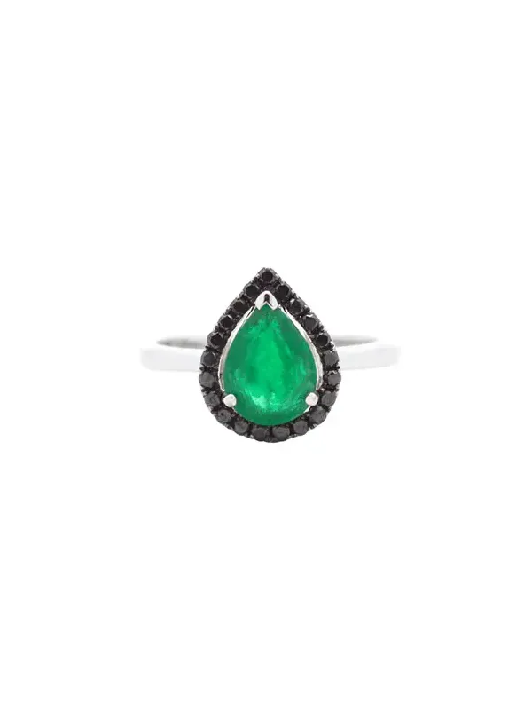 1.75ct Black Diamond Emerald 18K Gold Pear Halo Ring