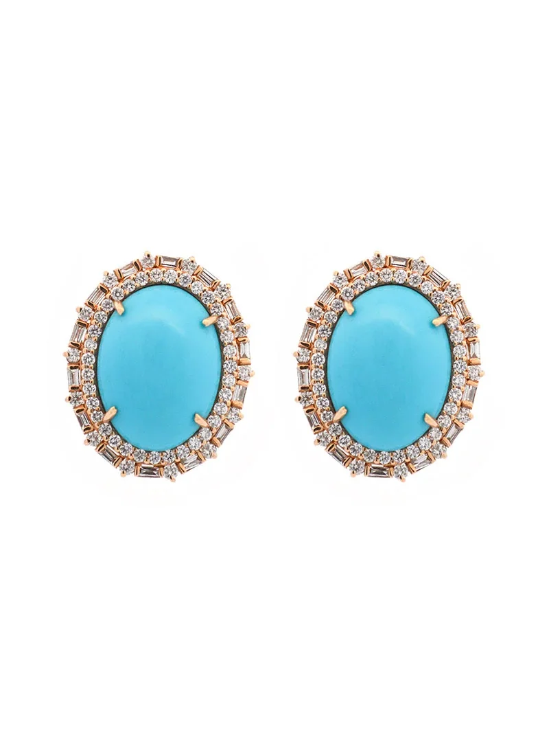 16.13ct Diamond Turquoise 14K Gold Halo Stud Earrings 16.13ct Diamond Turquoise 14K Gold Halo Stud Earrings