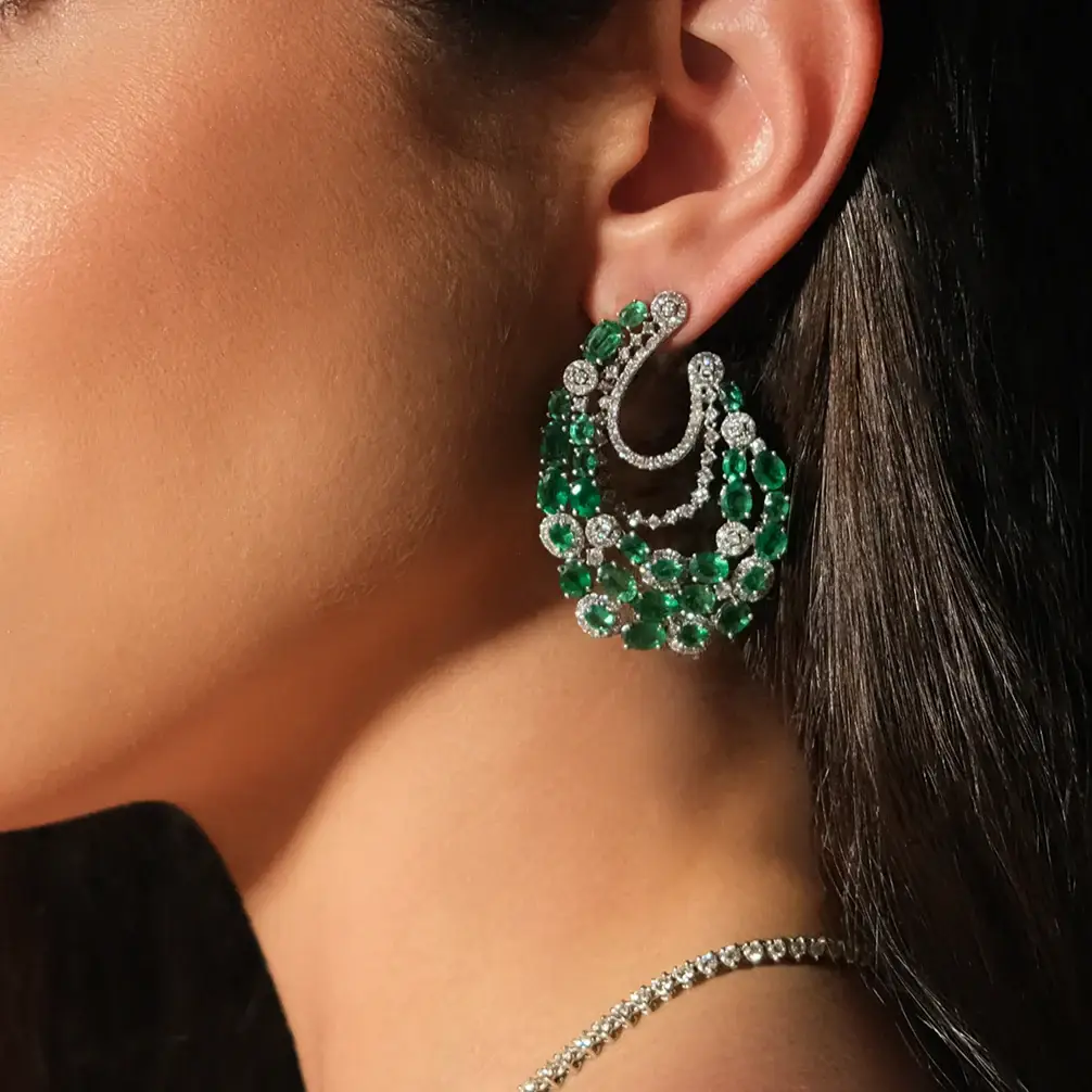 Wish Fine Jewelry 16.1ct Emerald Diamond 18K Gold Cluster Statement Earrings | Thumbnail 2 Wish Fine Jewelry 16.1ct Emerald Diamond 18K Gold Cluster Statement Earrings | Thumbnail 2