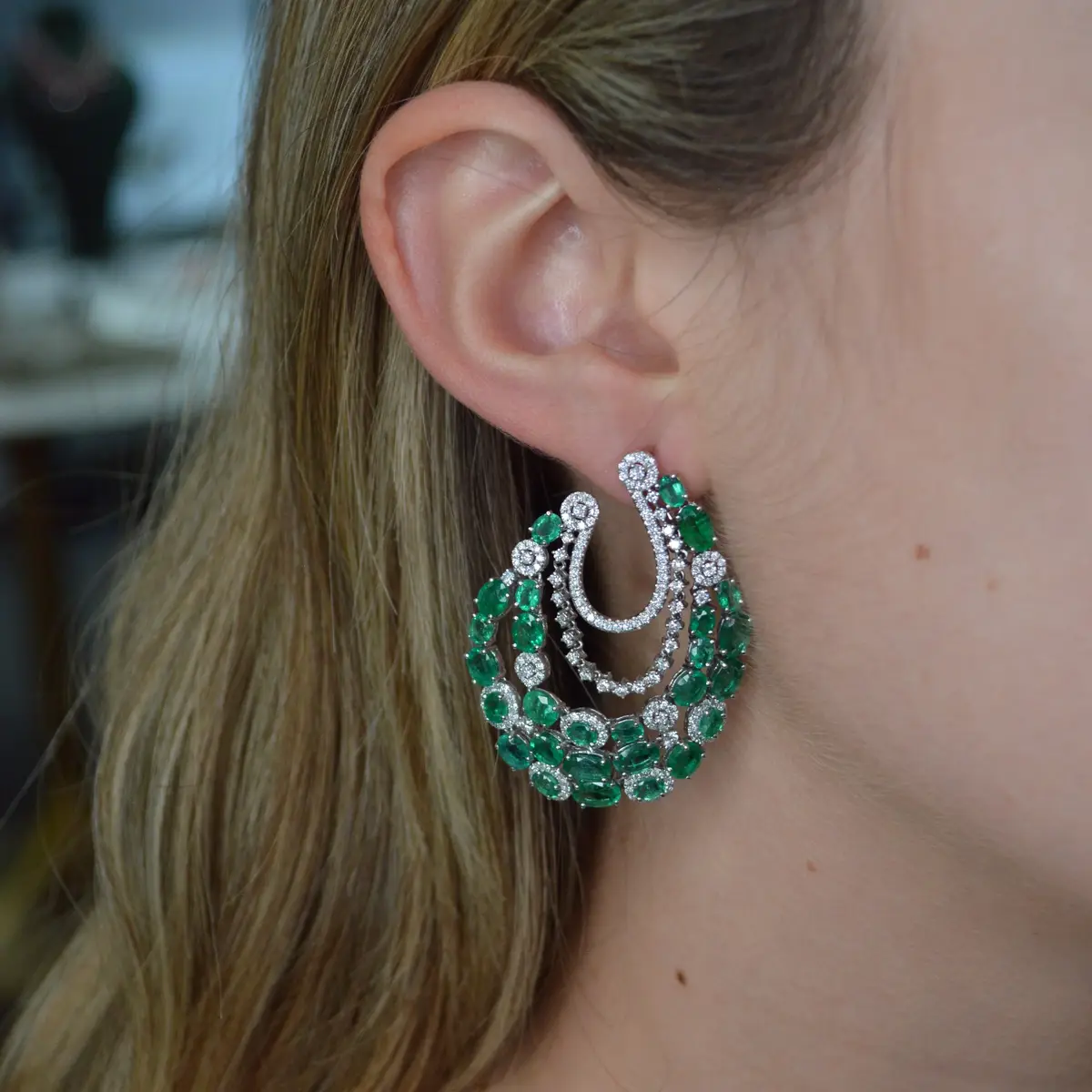 Wish Fine Jewelry 16.1ct Emerald Diamond 18K Gold Cluster Statement Earrings | Thumbnail 3 Wish Fine Jewelry 16.1ct Emerald Diamond 18K Gold Cluster Statement Earrings | Thumbnail 3