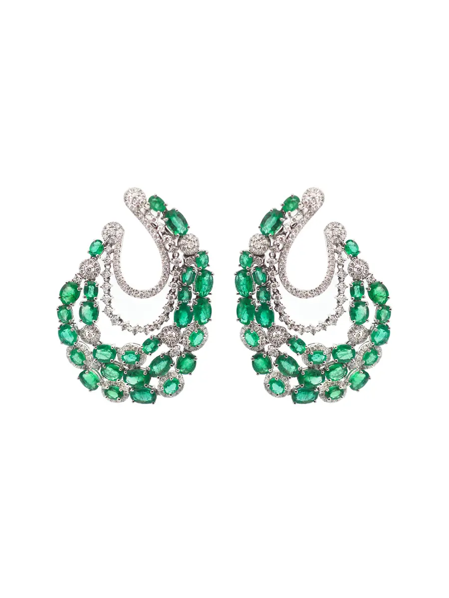 Wish Fine Jewelry 16.1ct Emerald Diamond 18K Gold Cluster Statement Earrings