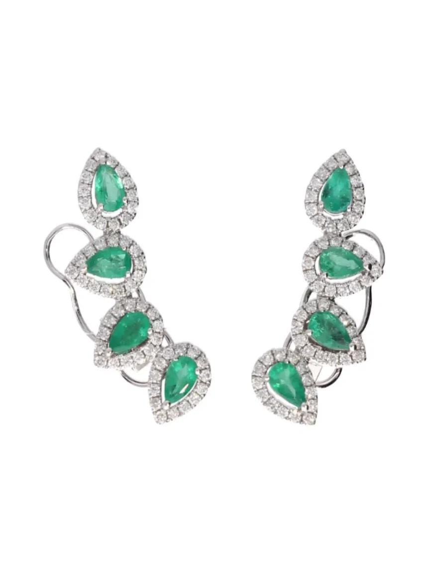 2.20ct Diamond Emerald 18K Gold Climber Earrings 2.20ct Diamond Emerald 18K Gold Climber Earrings