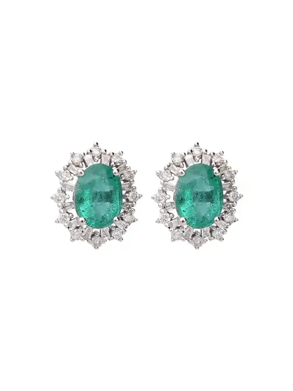2.30ct Diamond Emerald 18K Gold Sunburst Halo Stud Earrings