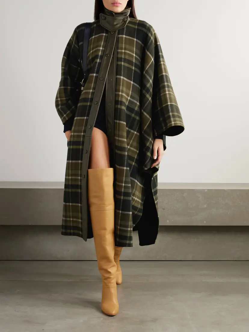 Chloé Oversized Leather-trimmed Checked Wool-blend Flannel Coat | Thumbnail 2 Chloé Oversized Leather-trimmed Checked Wool-blend Flannel Coat | Thumbnail 2