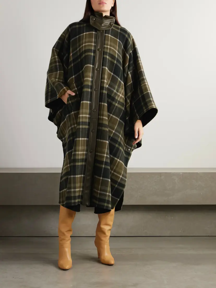 Chloé Oversized Leather-trimmed Checked Wool-blend Flannel Coat | Thumbnail 3 Chloé Oversized Leather-trimmed Checked Wool-blend Flannel Coat | Thumbnail 3