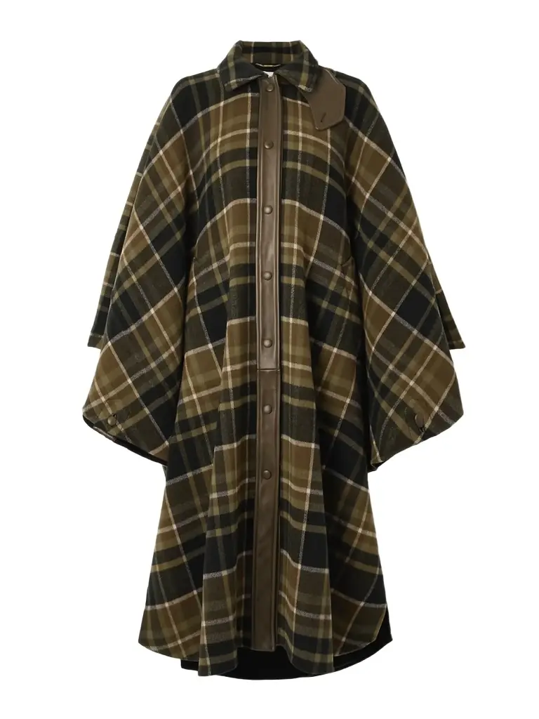 Oversized Leather-trimmed Checked Wool-blend Flannel Coat