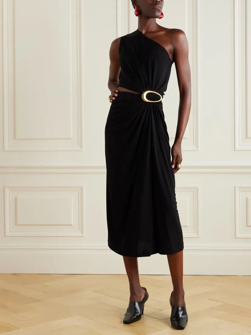 Bottega Veneta One-shoulder Cutout Gathered Embellished Crepe-jersey Midi Dress | Thumbnail 2