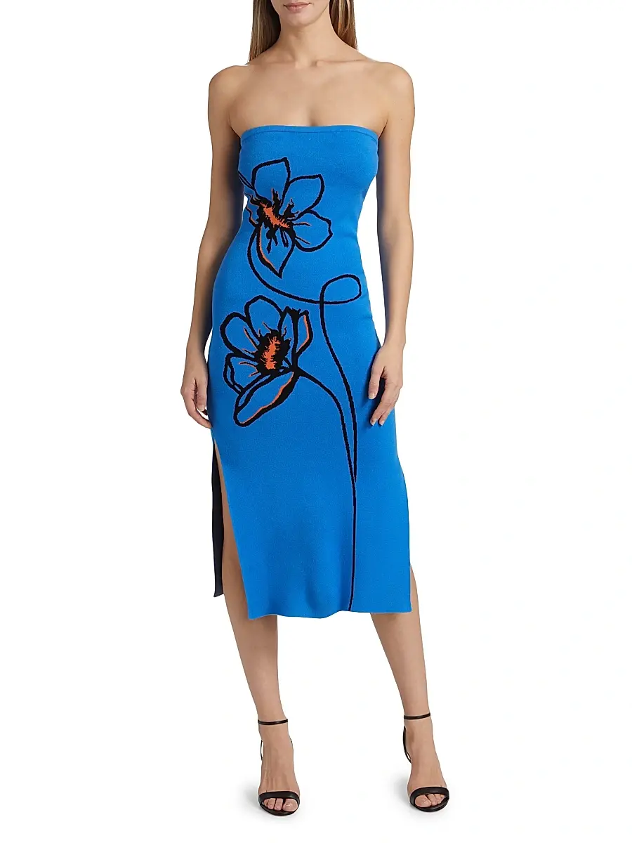 Milly Women's Floral Knit Strapless Midi-Dress - Blue Multi | Thumbnail 3 Milly Women's Floral Knit Strapless Midi-Dress - Blue Multi | Thumbnail 3