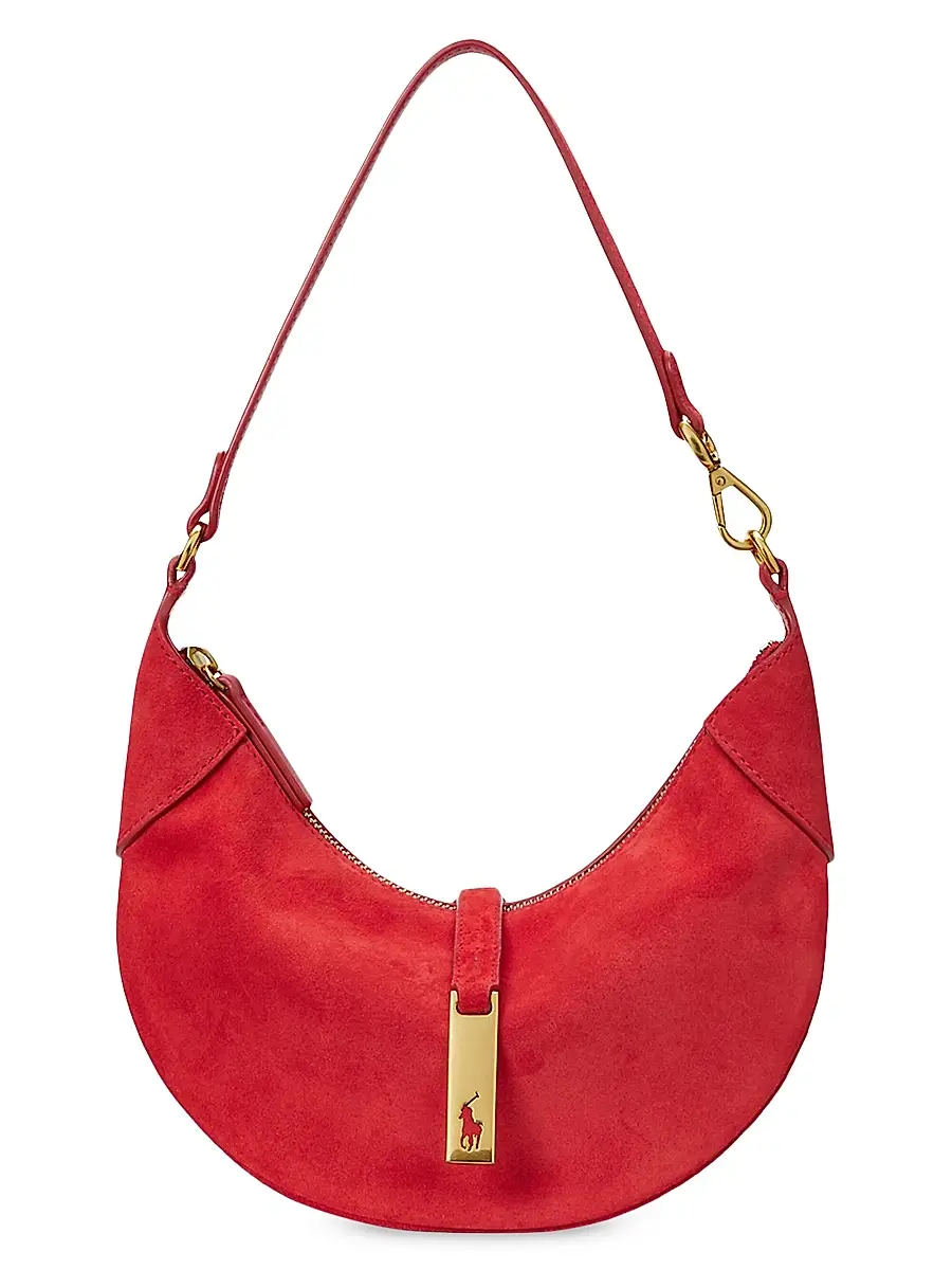 Polo Ralph Lauren Women's Polo ID Mini Suede Shoulder Bag - Geranium Red | Image 1 Polo Ralph Lauren Women's Polo ID Mini Suede Shoulder Bag - Geranium Red | Image 1