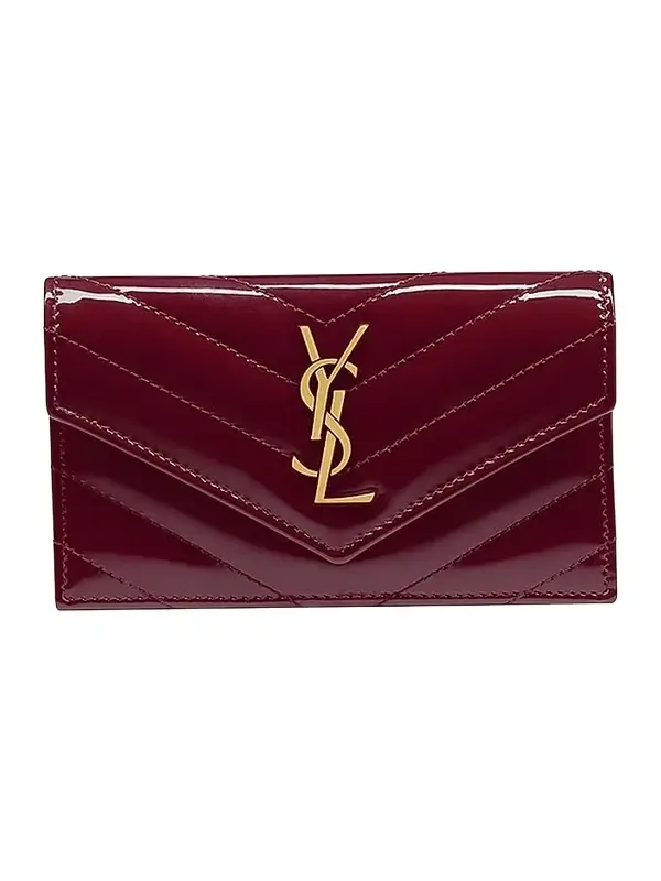 Saint Laurent Women's Cassandre Matelassé Fragments Flap Card Case in Patent Leather - Dark Red Wine