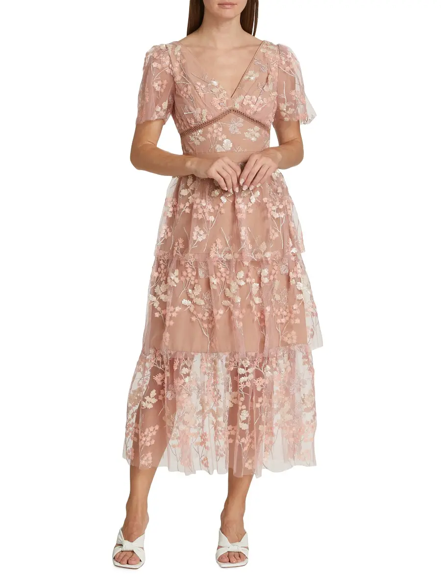 Self-Portrait Women's Semi-Sheer Sequin-Embroidered Midi-Dress - Pink | Image 1 Self-Portrait Women's Semi-Sheer Sequin-Embroidered Midi-Dress - Pink | Image 1