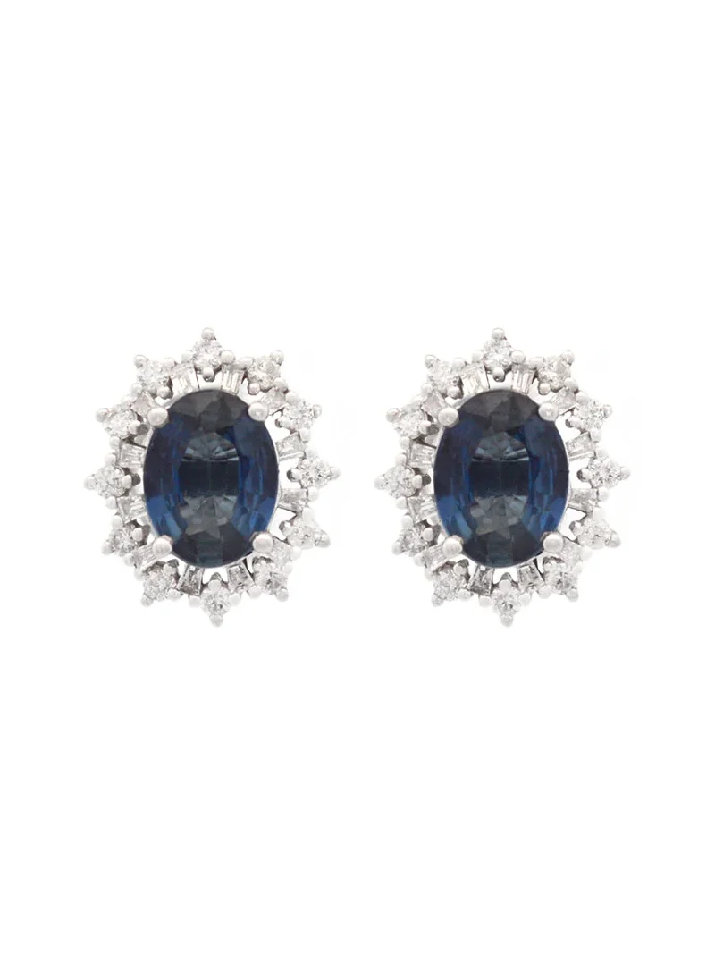 2.60ct Diamond Blue Sapphire 18K Gold Sunburst Halo Stud Earrings 2.60ct Diamond Blue Sapphire 18K Gold Sunburst Halo Stud Earrings