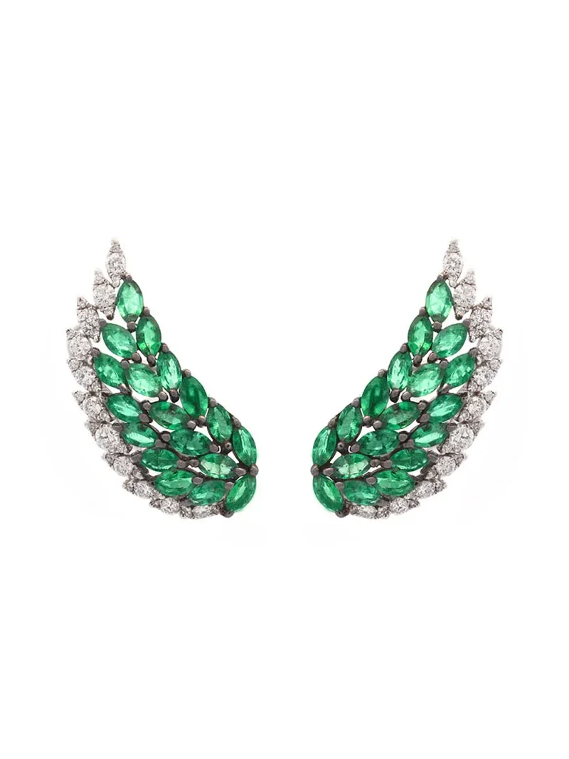 Wish Fine Jewelry 2.60ct Diamond Emerald 18K Gold Wing Climber Earrings