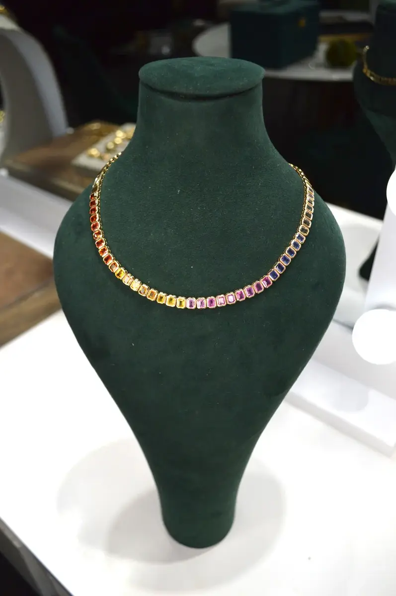 Wish Fine Jewelry 20.31ct Multi Color Sapphire 14K Gold Emerald Cut Half Necklace | Thumbnail 2 Wish Fine Jewelry 20.31ct Multi Color Sapphire 14K Gold Emerald Cut Half Necklace | Thumbnail 2