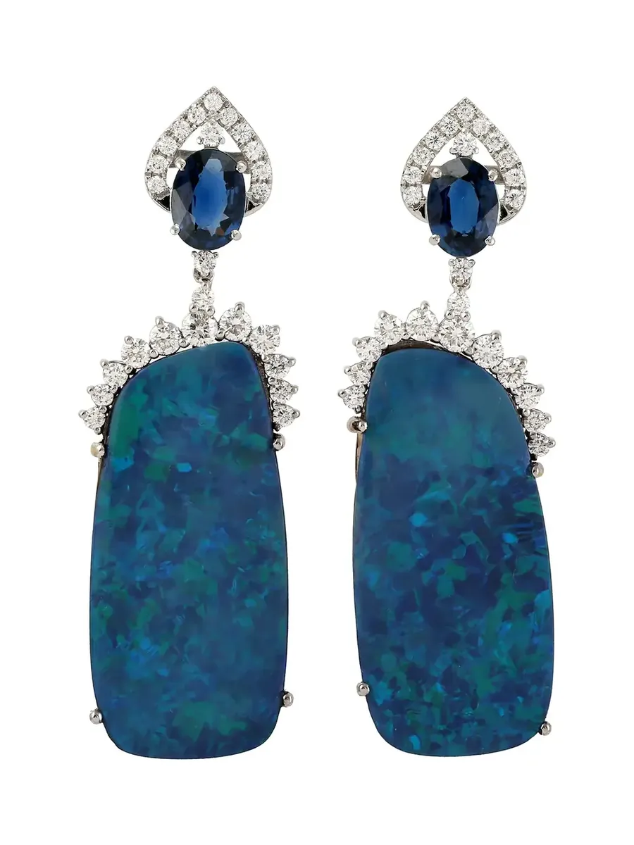 23.14ct Opal Blue Sapphire Diamond Dangle 18K Gold Earrings