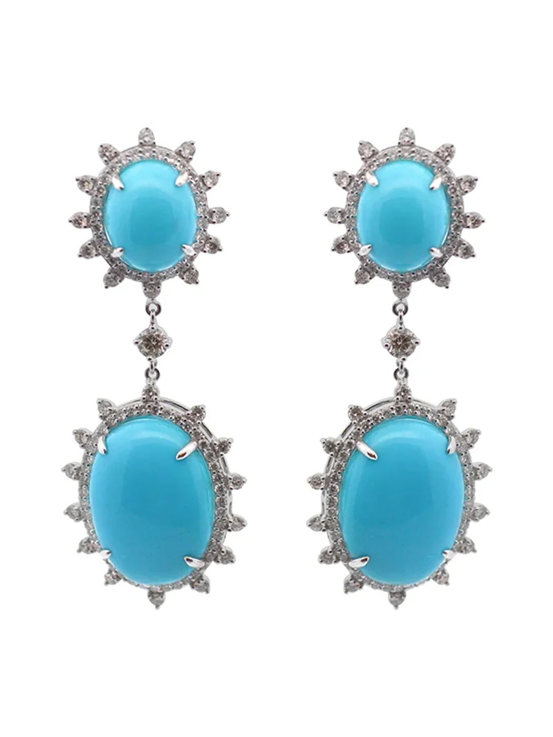 24.57ct Diamond Turquoise 18K Gold Sunburst Dangle Drop Earrings