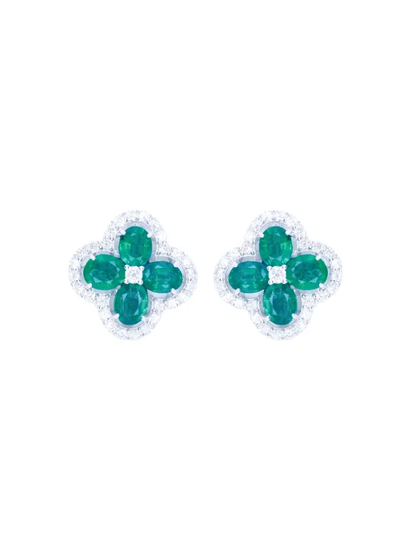 3.11ct Diamond Emerald 18K Gold Flower Earrings 3.11ct Diamond Emerald 18K Gold Flower Earrings