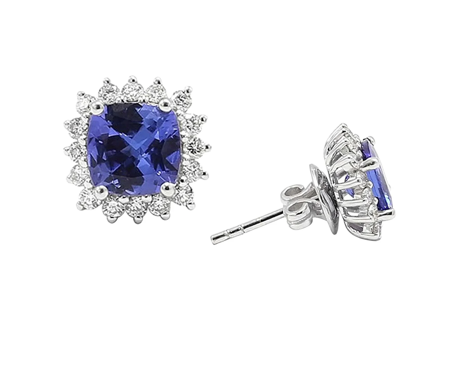 Wish Fine Jewelry 3.48cts Diamond Tanzanite 18K Gold Cushion Stud Earrings