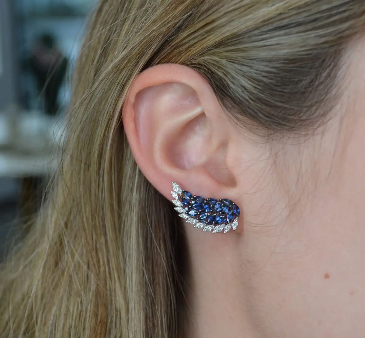 Wish Fine Jewelry 3.54ct Diamond Sapphire 18K Gold Wing Climber Earrings | Thumbnail 2 Wish Fine Jewelry 3.54ct Diamond Sapphire 18K Gold Wing Climber Earrings | Thumbnail 2