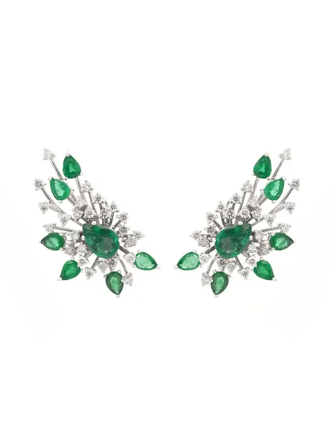 3.56ct Emerald Diamond 18K Gold Fireworks Climber Earrings