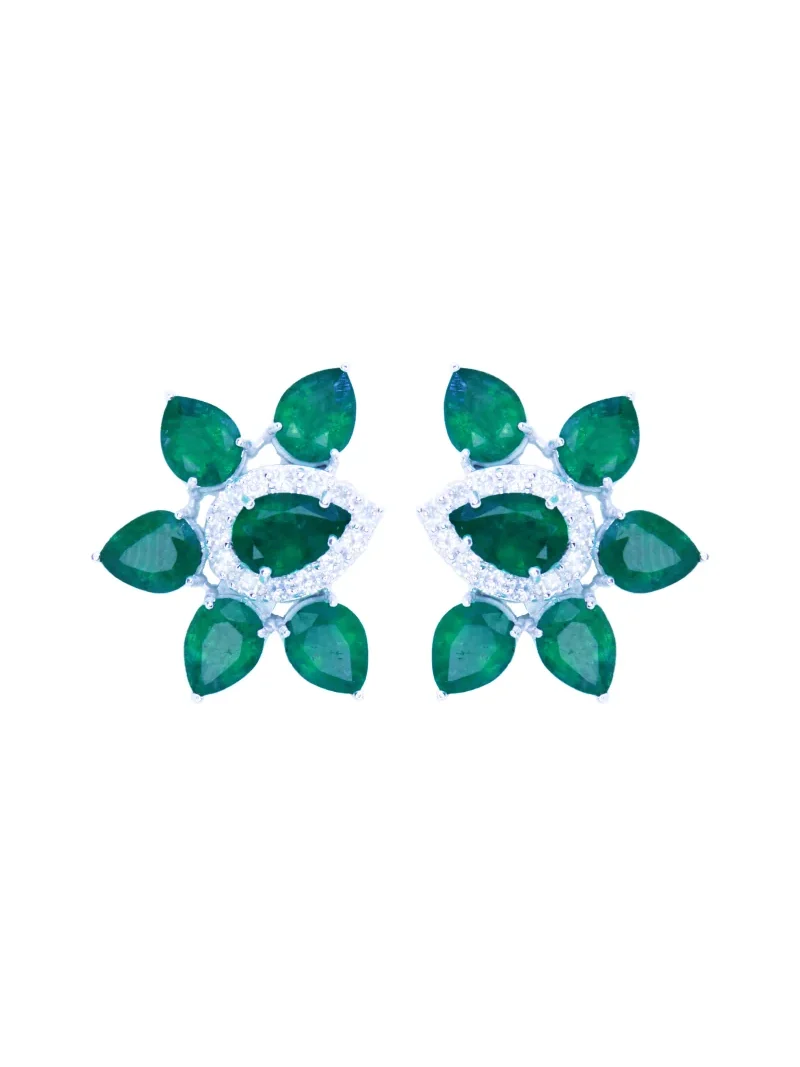 3.85ct Diamond Emerald 18K Gold Leaf Earrings