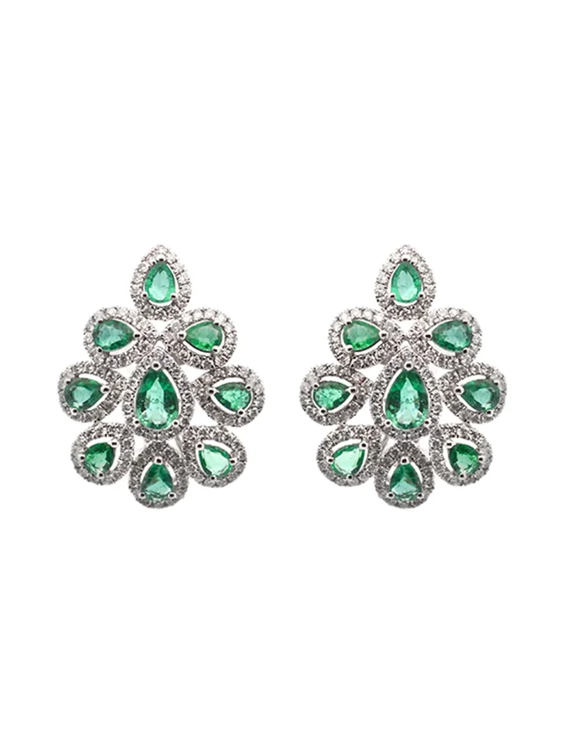 3.90ct Diamond Emerald 18K Gold Pear Cluster Earrings