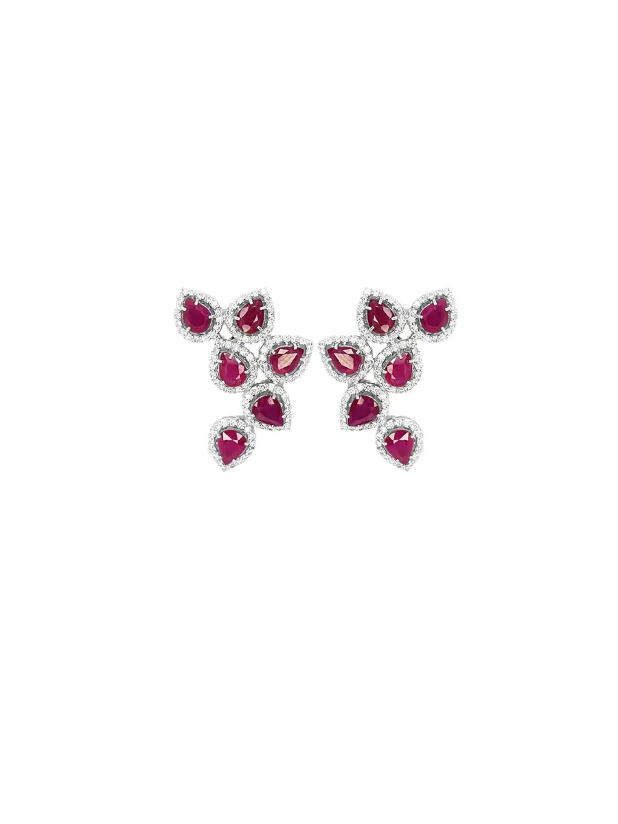 3.9ct Diamond Ruby 18K Gold Cluster Climber Earrings 3.9ct Diamond Ruby 18K Gold Cluster Climber Earrings