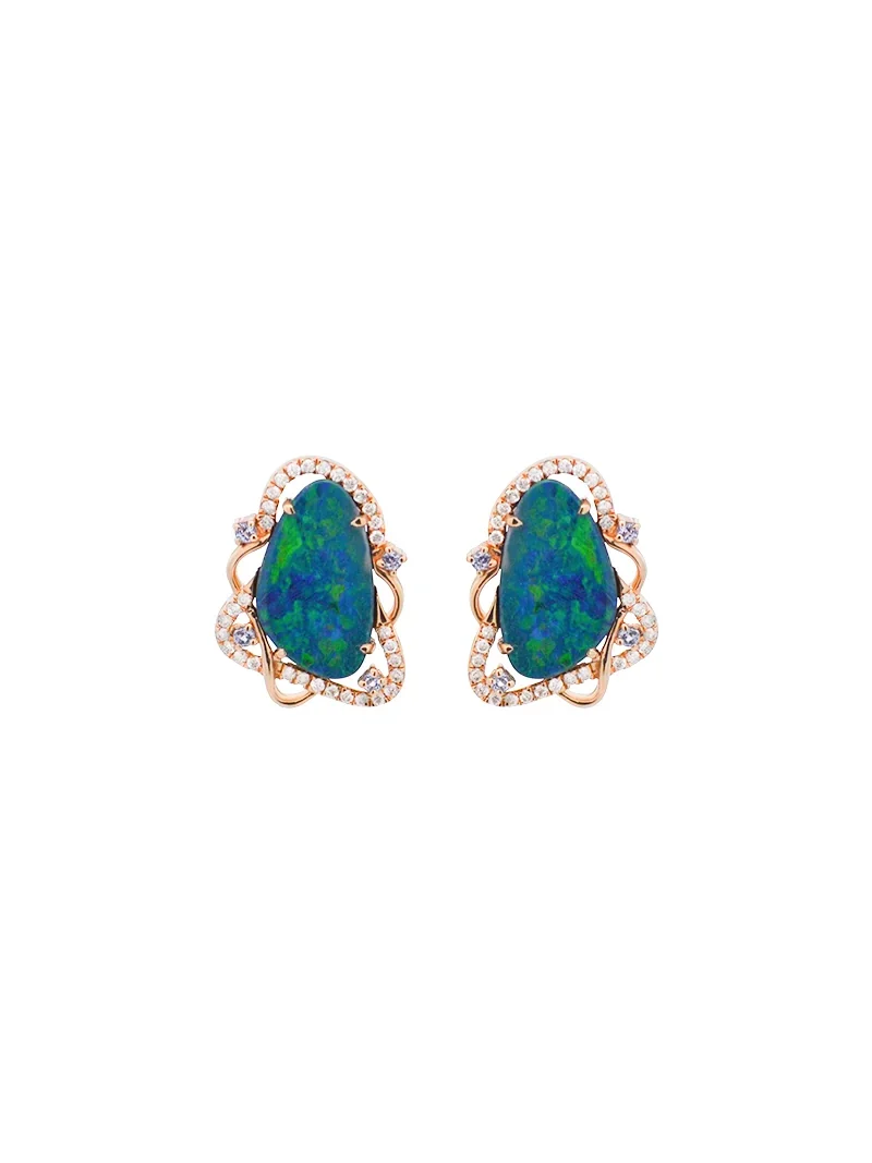 Wish Fine Jewelry 4.00ct Diamond Aqua Australian Opal Tanzanite 18K Gold Stud Earrings