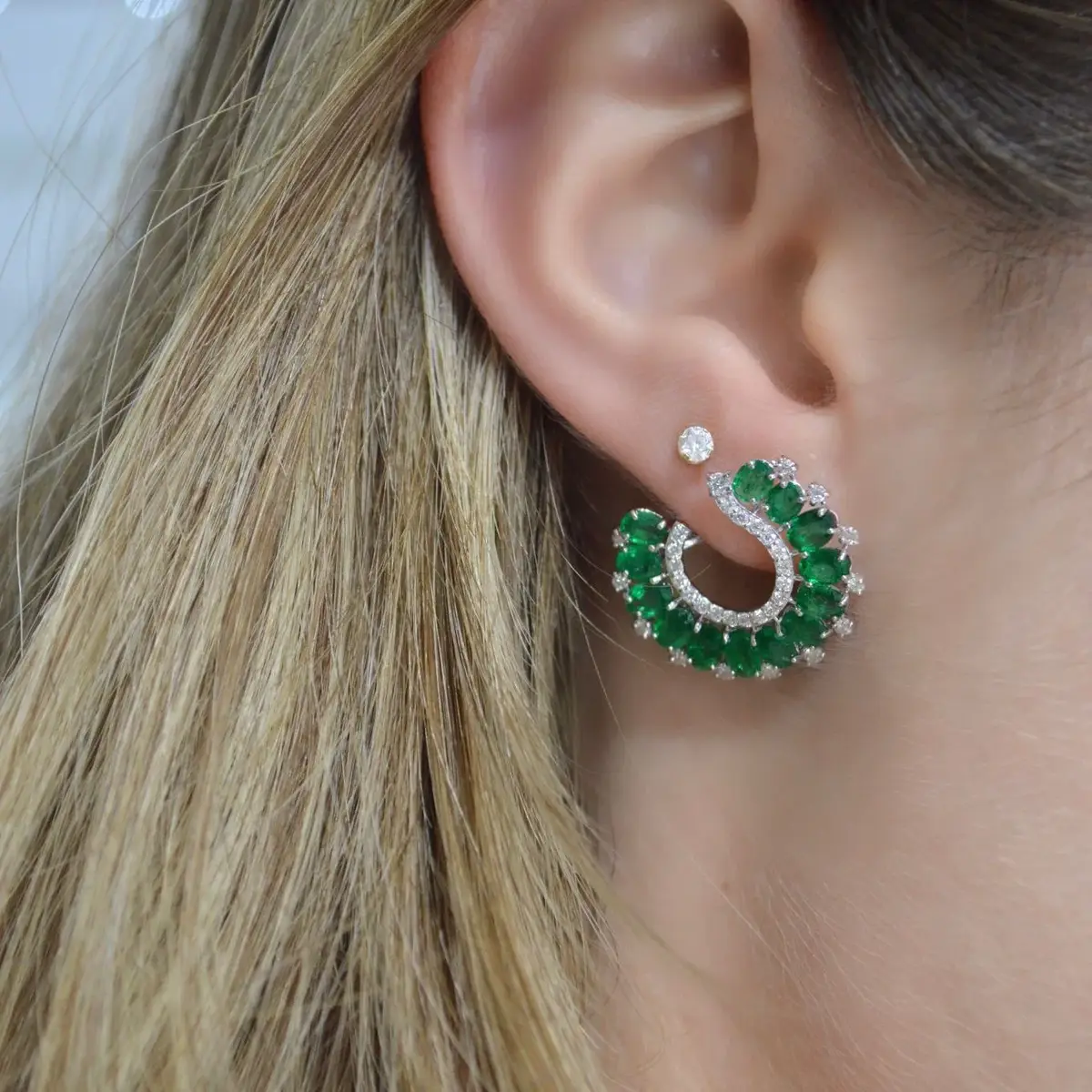 Wish Fine Jewelry 5.47ct Diamond Emerald 18K Gold Cluster Earrings | Thumbnail 2