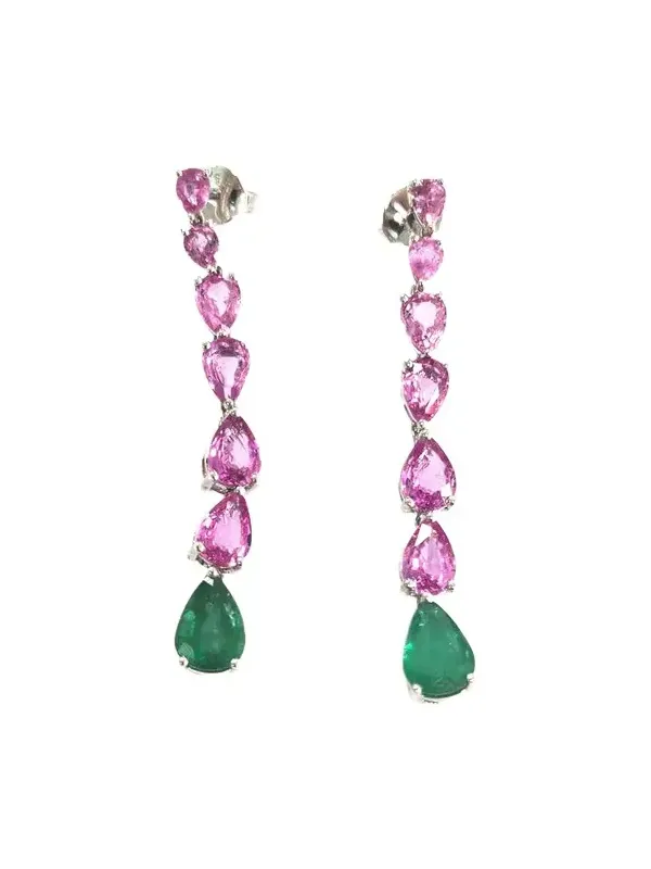 6.64ct Pink Sapphire Emerald 18K Gold Drop Earrings 6.64ct Pink Sapphire Emerald 18K Gold Drop Earrings