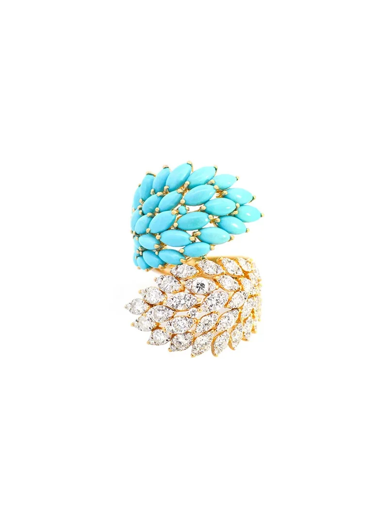 7.00ct Diamond Turquoise 18K Gold Cluster Leaf Bypass Ring 7.00ct Diamond Turquoise 18K Gold Cluster Leaf Bypass Ring