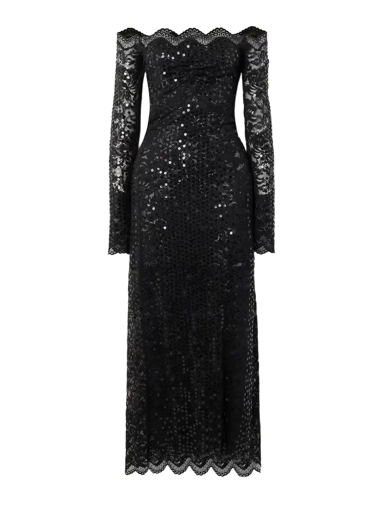 Off-the-shoulder Sequined Stretch-lace Maxi Dress