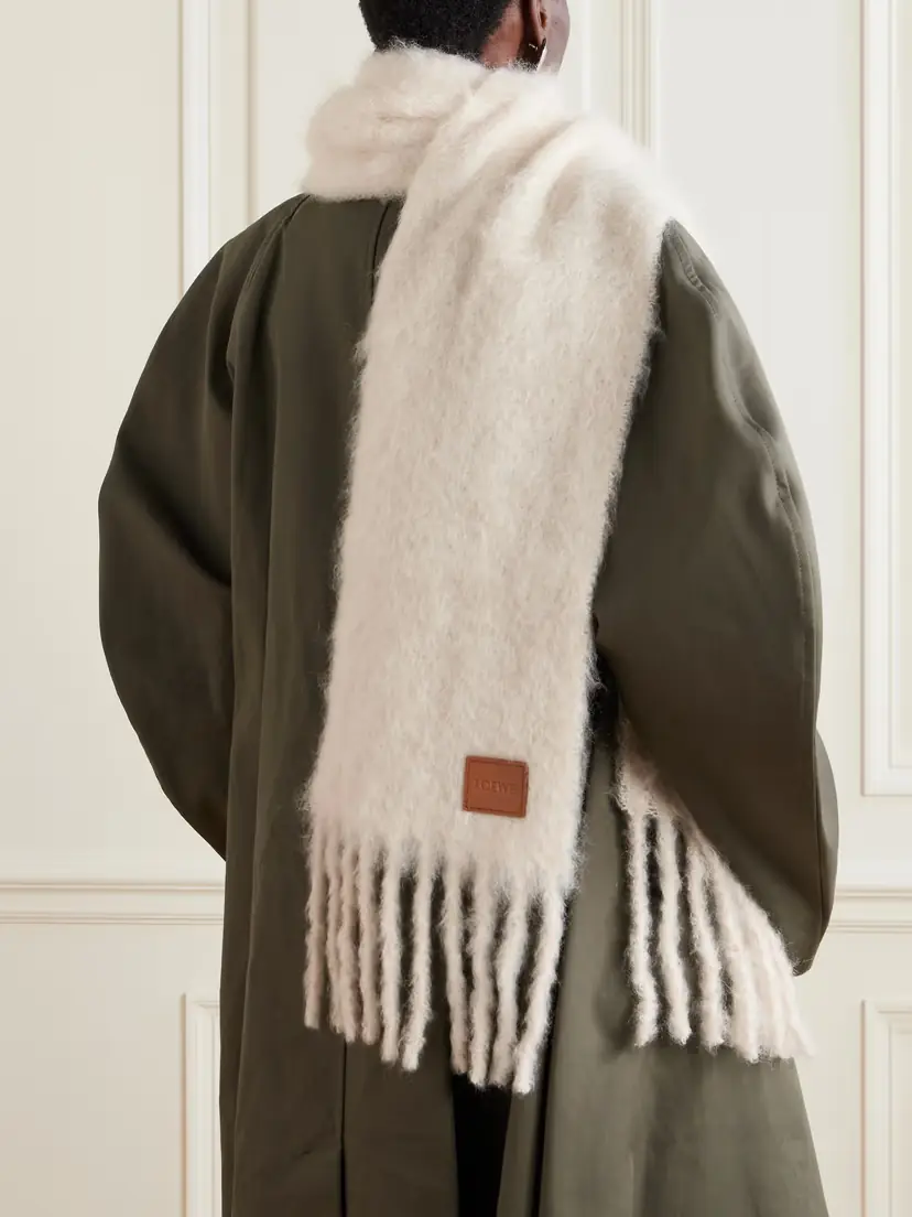 Loewe Fringed Appliquéd Leather-trimmed Brushed Mohair-blend Scarf | Thumbnail 2 Loewe Fringed Appliquéd Leather-trimmed Brushed Mohair-blend Scarf | Thumbnail 2