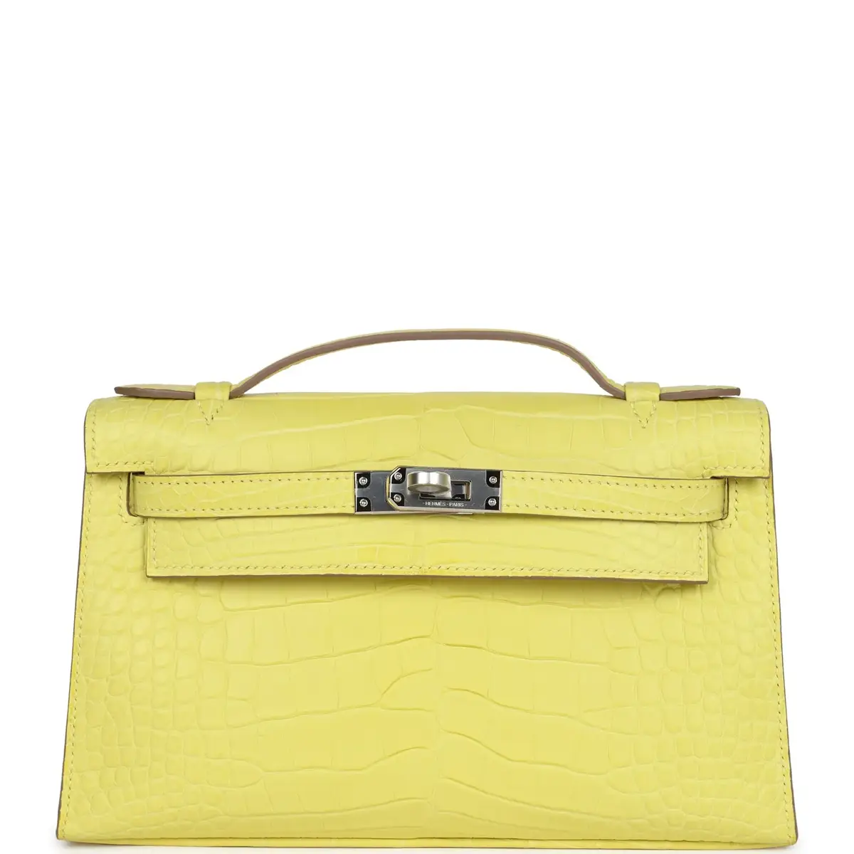 HERMÈS Hermes Kelly Pochette Lime Matte Alligator Palladium Hardware | Image 1 HERMÈS Hermes Kelly Pochette Lime Matte Alligator Palladium Hardware | Image 1