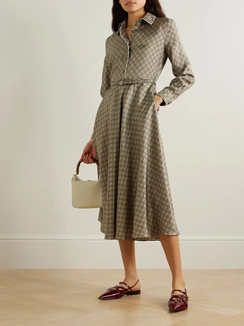 Gucci Belted Piped Printed Silk-twill Midi Shirt Dress | Thumbnail 2 Gucci Belted Piped Printed Silk-twill Midi Shirt Dress | Thumbnail 2