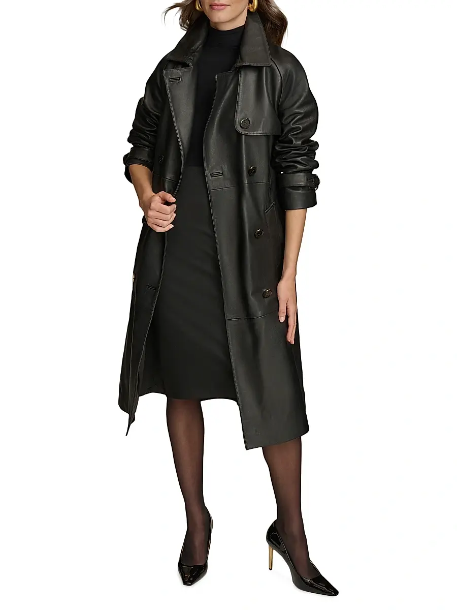 Donna Karan New York Women's Leather Belted Double-Breasted Trench Coat - Black | Image 1 Donna Karan New York Women's Leather Belted Double-Breasted Trench Coat - Black | Image 1