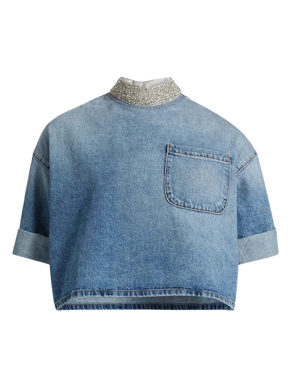 Women's Ex T Embellished Denim Crop T-Shirt