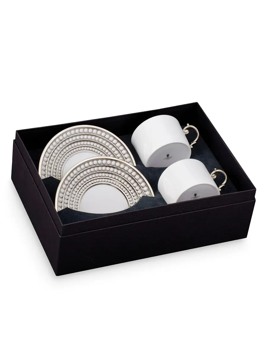 L'Objet 4-Piece Perlée Tea Cup & Saucer Set - Platinum