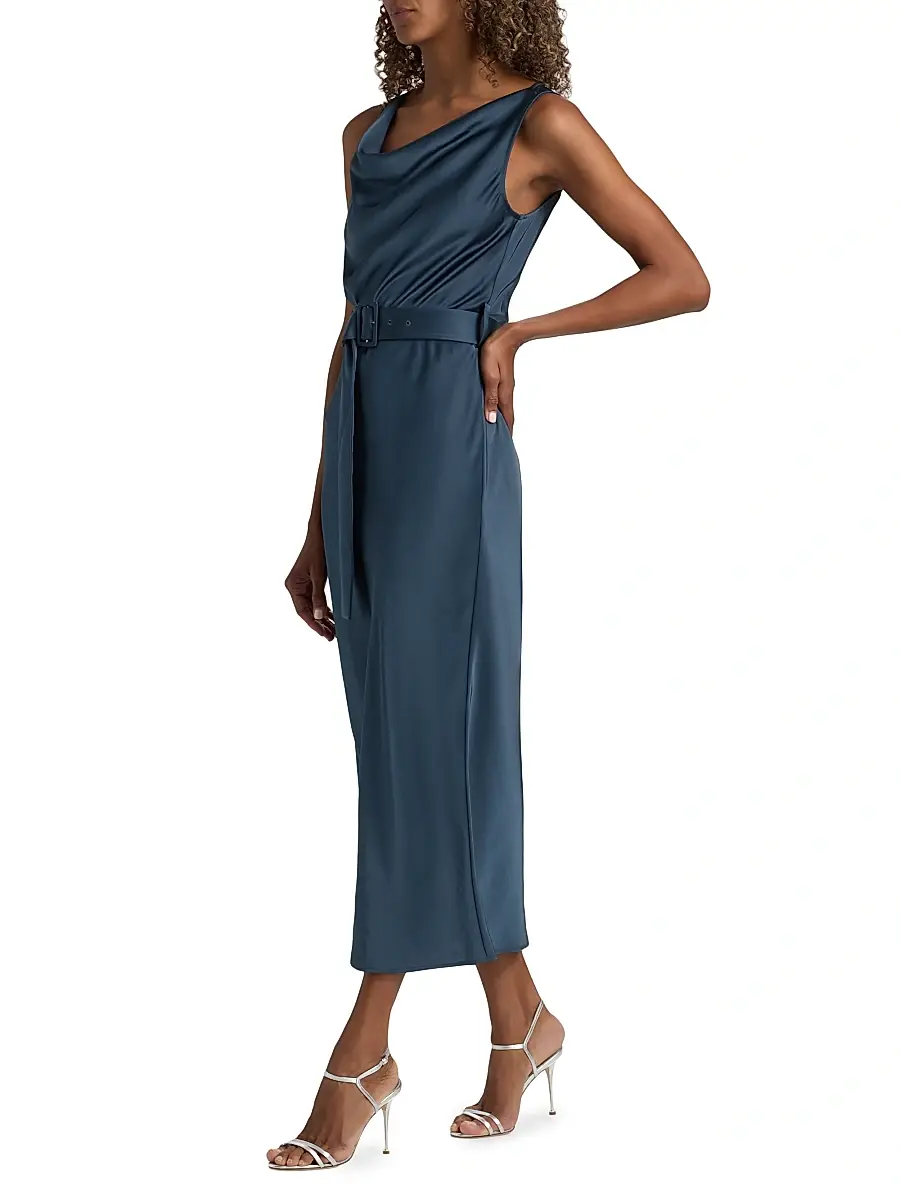Lapointe Women's Satin Belted Cowlneck Midi-Dress | Thumbnail 2 Lapointe Women's Satin Belted Cowlneck Midi-Dress | Thumbnail 2