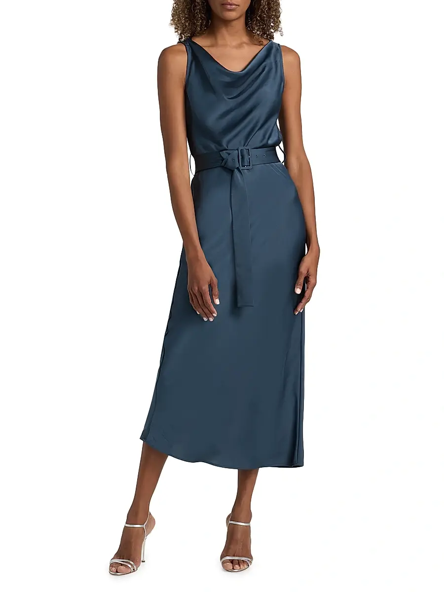 Lapointe Women's Satin Belted Cowlneck Midi-Dress | Thumbnail 3 Lapointe Women's Satin Belted Cowlneck Midi-Dress | Thumbnail 3