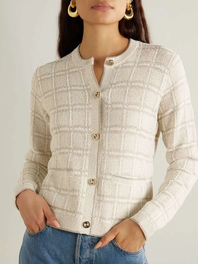 Gucci Checked Metallic Jacquard-knit Wool-blend Cardigan | Thumbnail 3 Gucci Checked Metallic Jacquard-knit Wool-blend Cardigan | Thumbnail 3