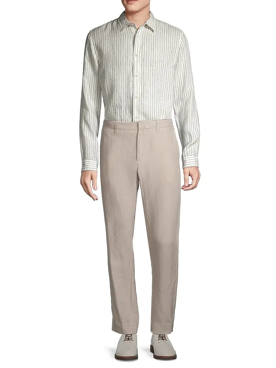 Vince Men's Bayside Striped Linen Button-Front Shirt - Optic White Deep Indigo | Thumbnail 2 Vince Men's Bayside Striped Linen Button-Front Shirt - Optic White Deep Indigo | Thumbnail 2