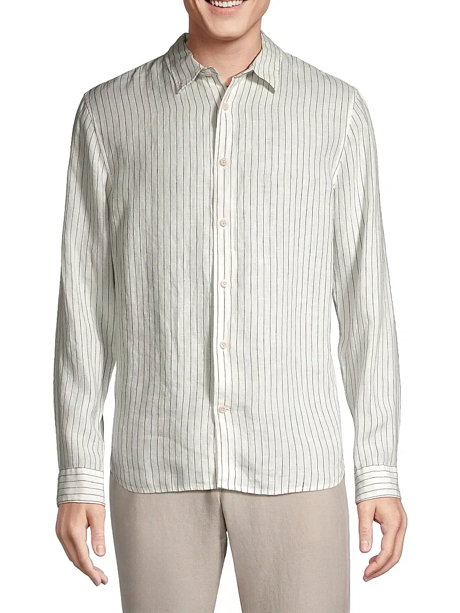 Vince Men's Bayside Striped Linen Button-Front Shirt - Optic White Deep Indigo | Thumbnail 3 Vince Men's Bayside Striped Linen Button-Front Shirt - Optic White Deep Indigo | Thumbnail 3