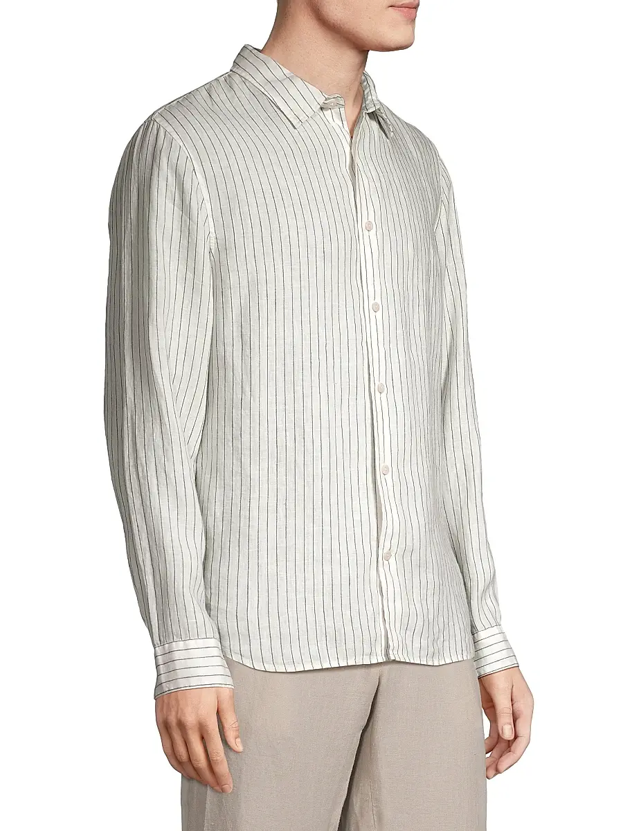 Vince Men's Bayside Striped Linen Button-Front Shirt - Optic White Deep Indigo | Thumbnail 4 Vince Men's Bayside Striped Linen Button-Front Shirt - Optic White Deep Indigo | Thumbnail 4