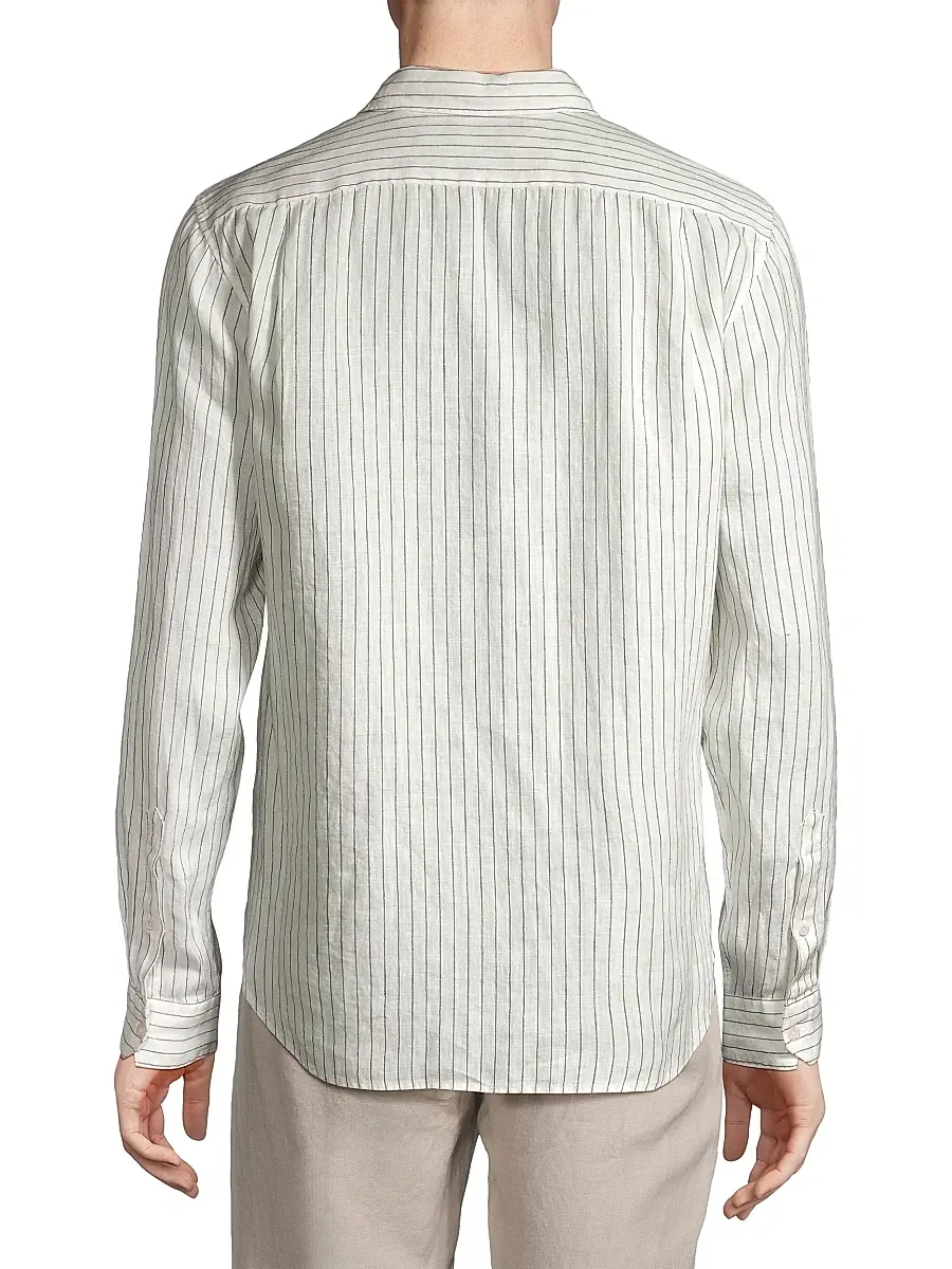 Vince Men's Bayside Striped Linen Button-Front Shirt - Optic White Deep Indigo | Thumbnail 5 Vince Men's Bayside Striped Linen Button-Front Shirt - Optic White Deep Indigo | Thumbnail 5