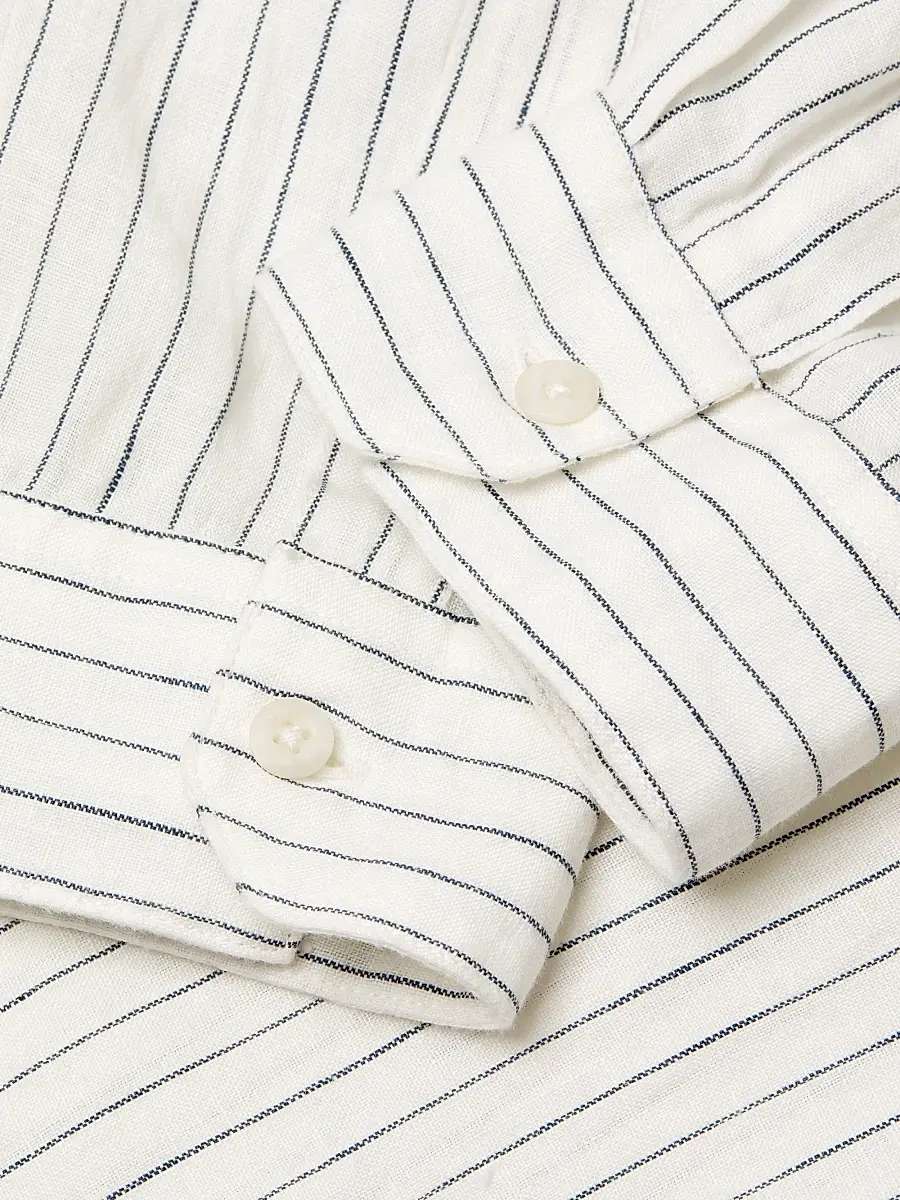 Vince Men's Bayside Striped Linen Button-Front Shirt - Optic White Deep Indigo | Thumbnail 6 Vince Men's Bayside Striped Linen Button-Front Shirt - Optic White Deep Indigo | Thumbnail 6