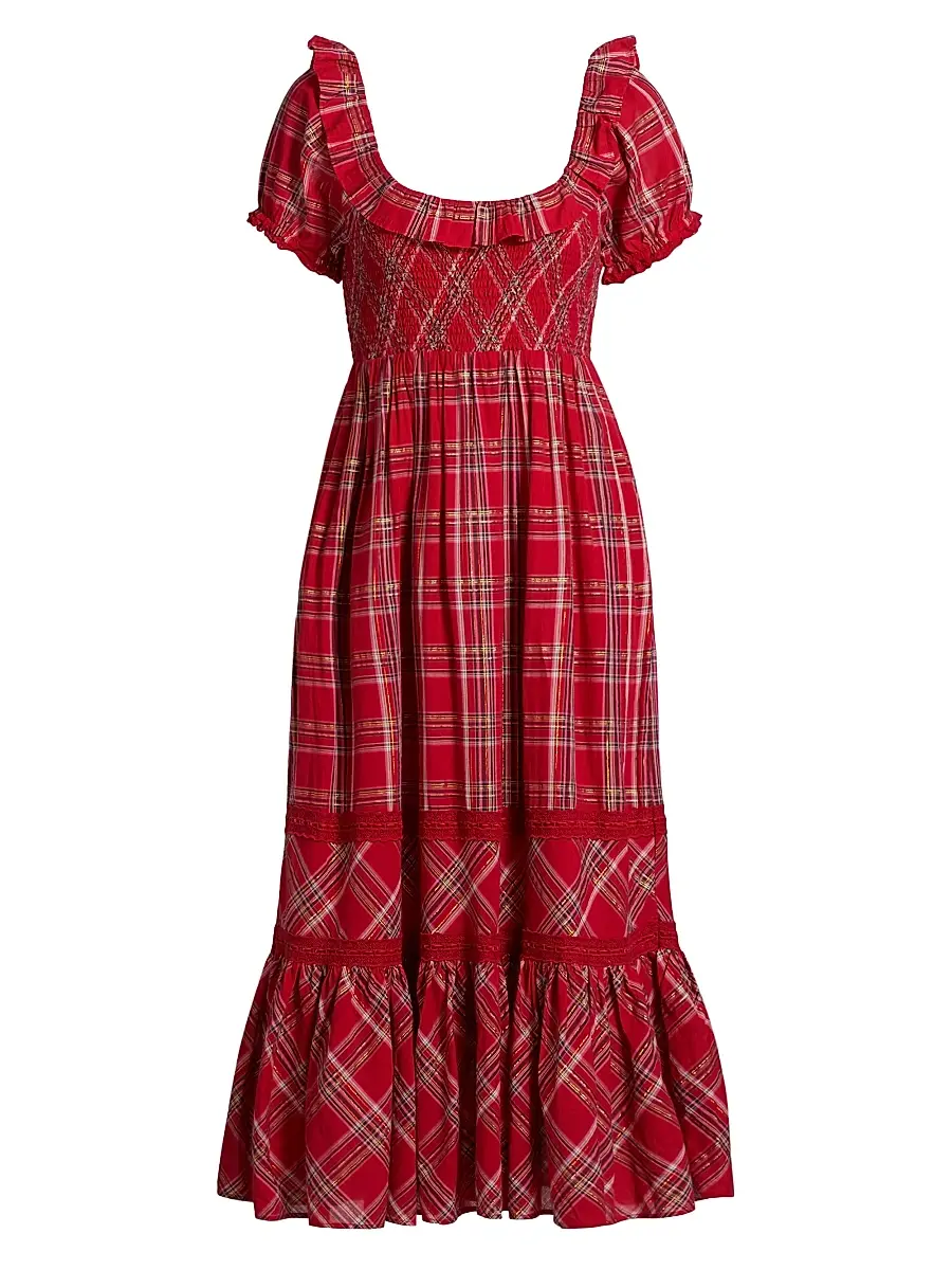 LoveShackFancy Women's London Tartan Gerania Midi-Dress - Cheery Red | Image 1 LoveShackFancy Women's London Tartan Gerania Midi-Dress - Cheery Red | Image 1