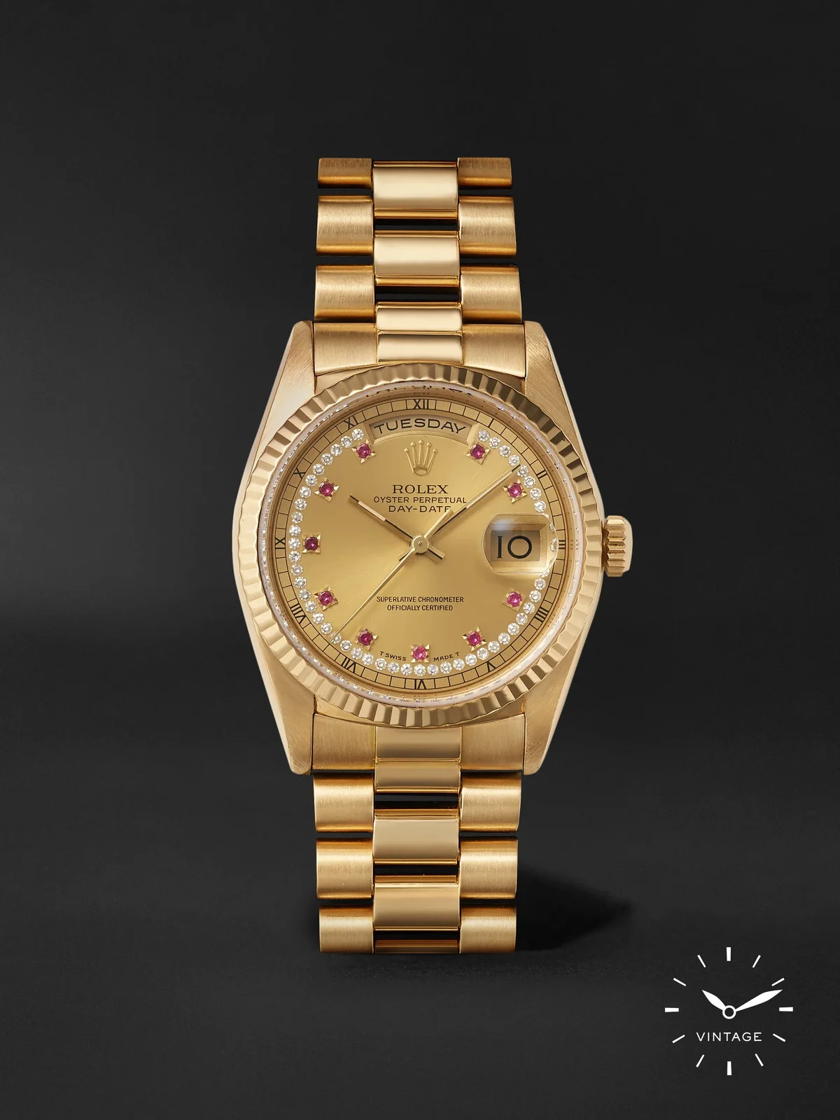 Pre-Owned 1990 Rolex Oyster Perpetual Day-Date Automatic 36mm 18-Karat Gold, Diamond and Ruby Watch, Ref. No. 18238 - Men